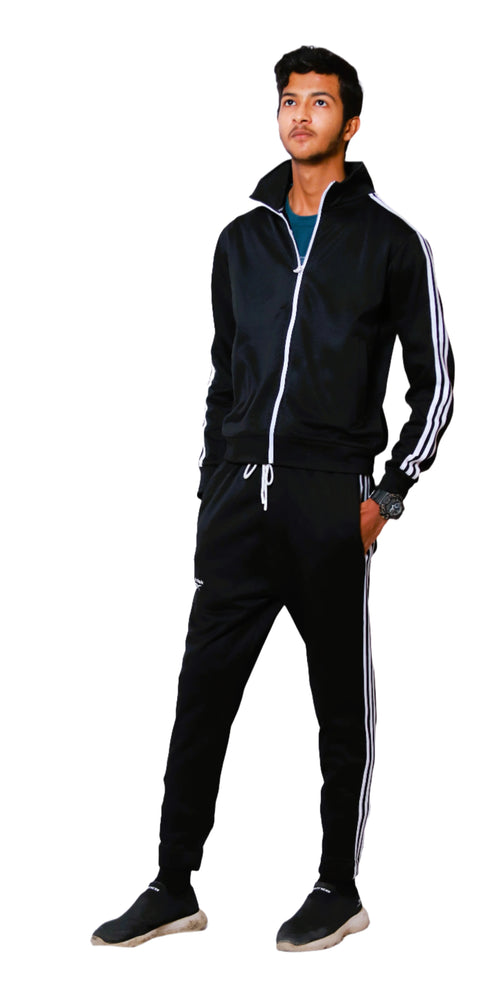 black Full tracksuit with white stripes on a white background