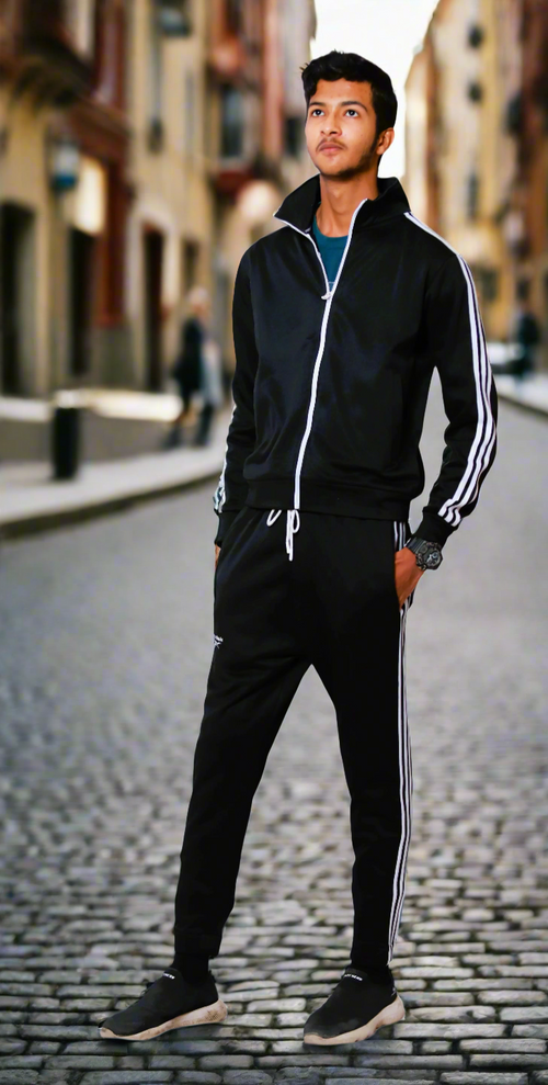 Black and white stripes premier quality full tracksuit with stylesh trousers and upper