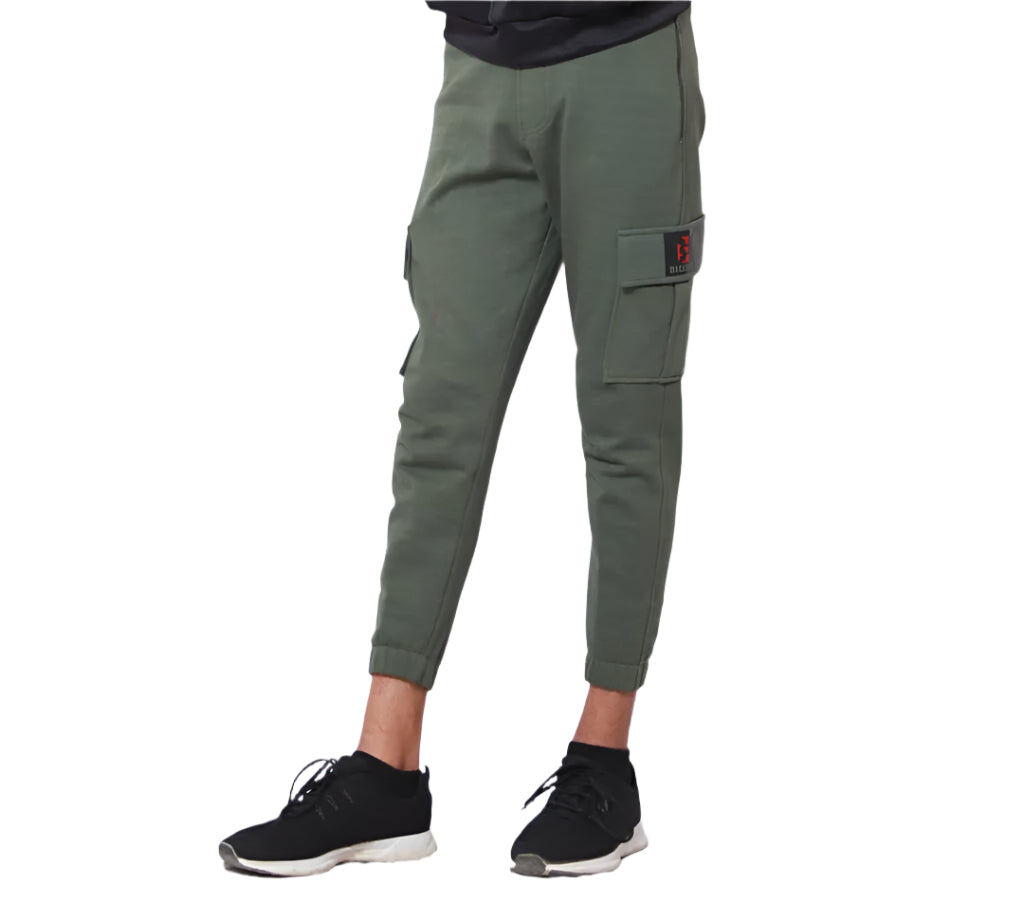 Green 6 pocket cargo pants with a red logo on a white background