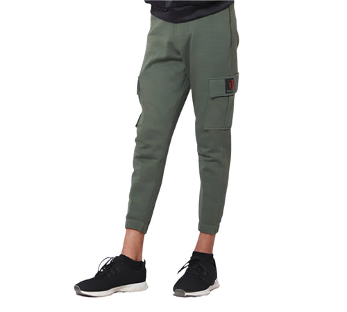 Green 6 pocket cargo pants with a red logo on a white background